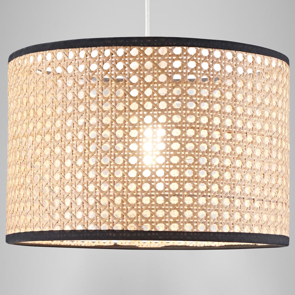 Happy Homewares Natural Wicker Rattan Drum Shaped Pendant Shade with Black Cotton Trims Image 7