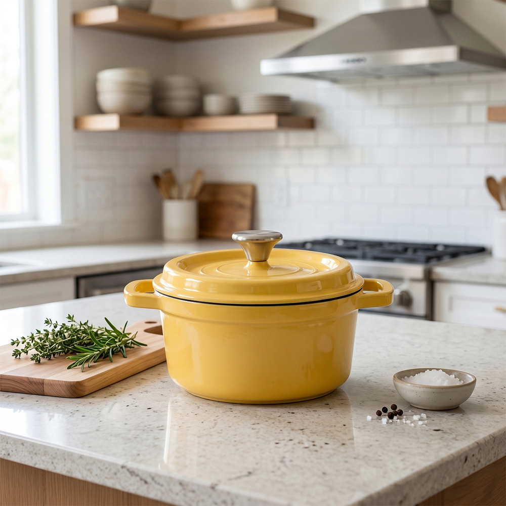 Living and Home 2.8L Yellow Enamelled Cast Iron Dutch Oven Image 2