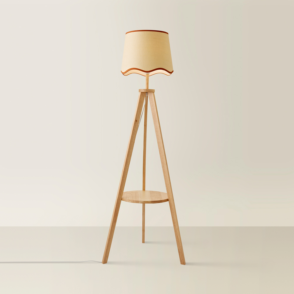 ValueLights Morrigan Natural Wood Shelf Rust Trim Scallop Shade Tripod Floor Lamp with Bulb Image 5