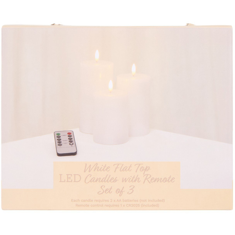 Set of 3 White Flat Top LED Candles with Remote - White Image 3
