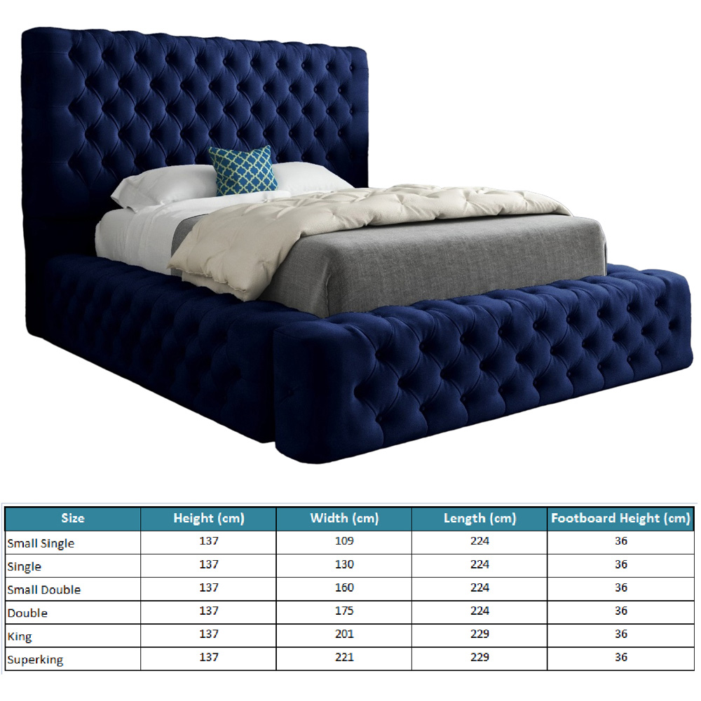 Grand Milan Blue Small Double Upholstered Bed Frame with Pleated Chesterfield Headboard Image 7