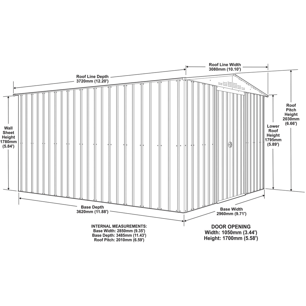 Globel 10 x 12ft 2 Door Grey Metal Apex Garden Shed Image 9