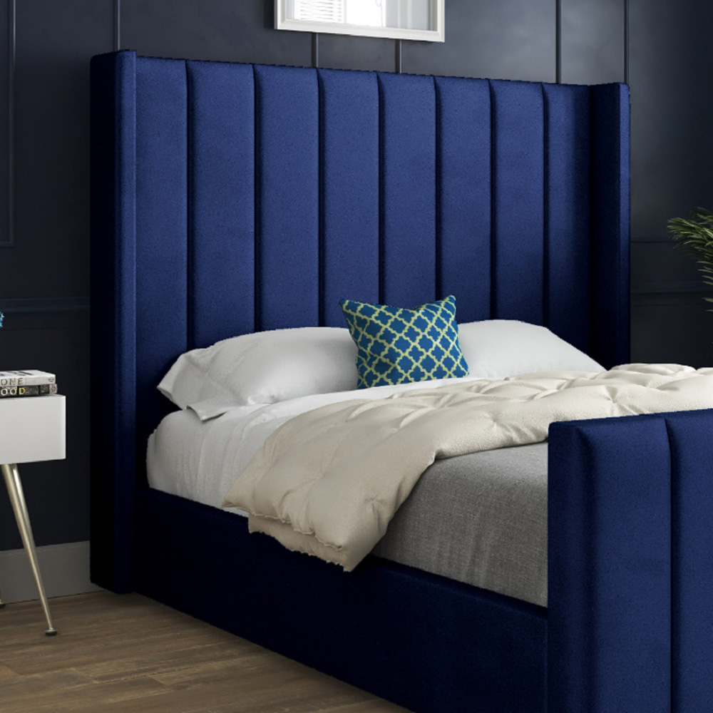 Romano King Size Blue Soft Velvet Upholstered Bed Frame with Straight Winged Headboard Image 3