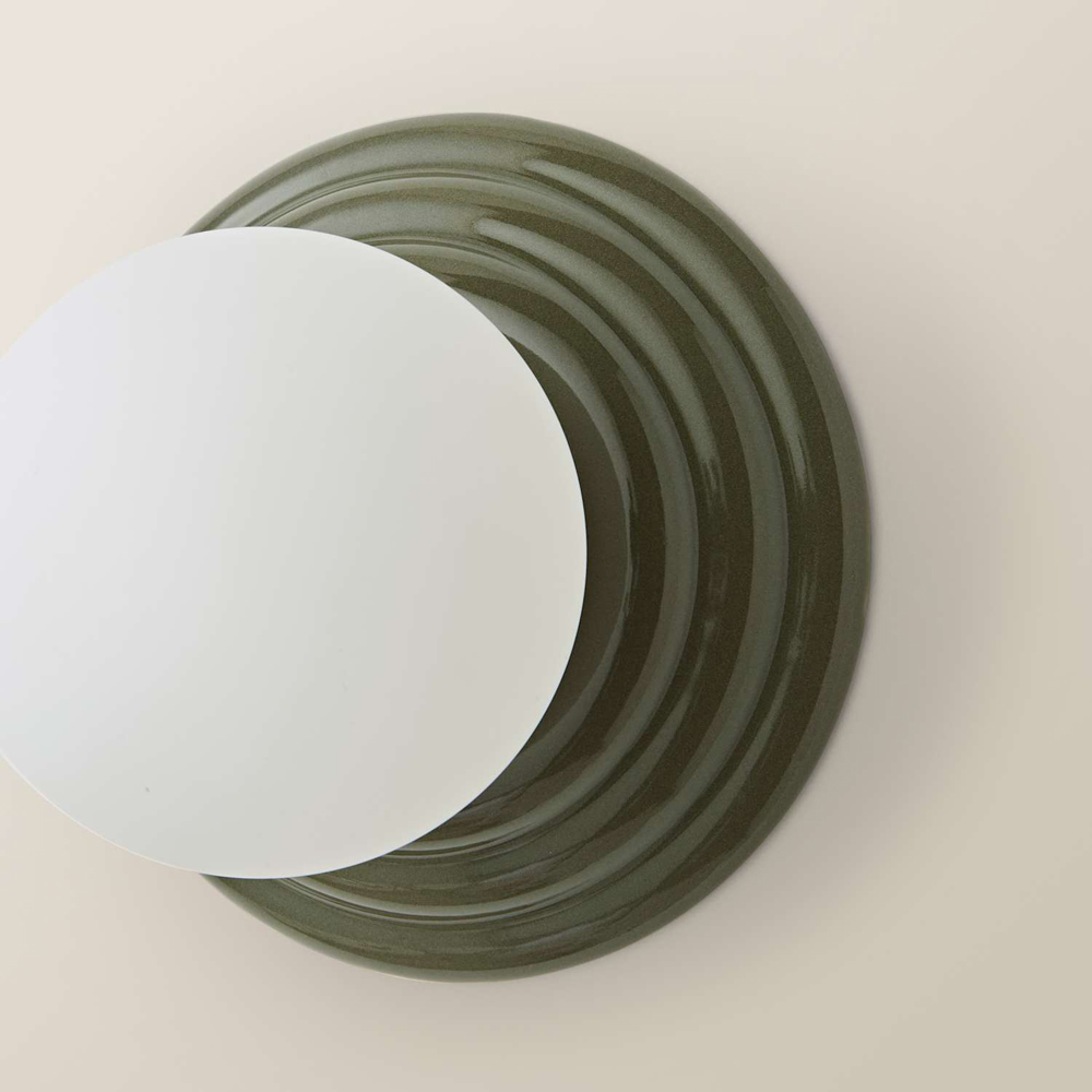 ValueLights Rue Frosted Glass Shade Olive Ribbed Ceramic Base Flush Wall Light with Bulb 2 Pack Image 3