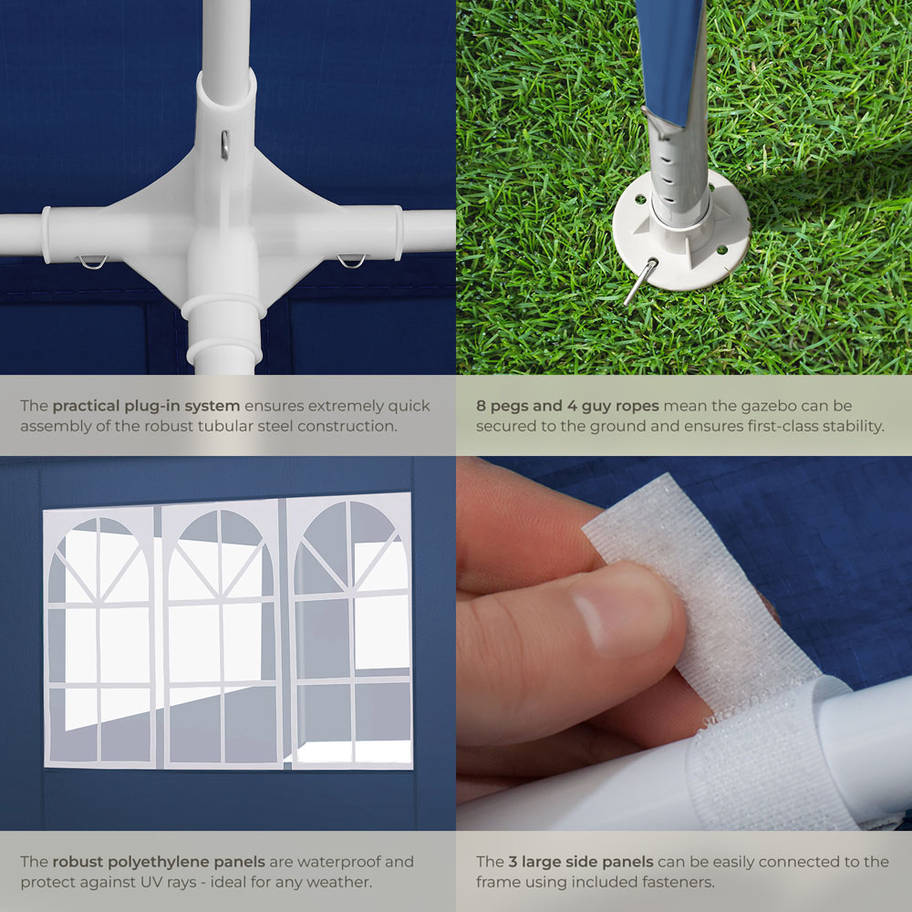 tectake Miramas 3 x 3m Blue Water Resistant Gazebo with 3 Side Panels Image 5