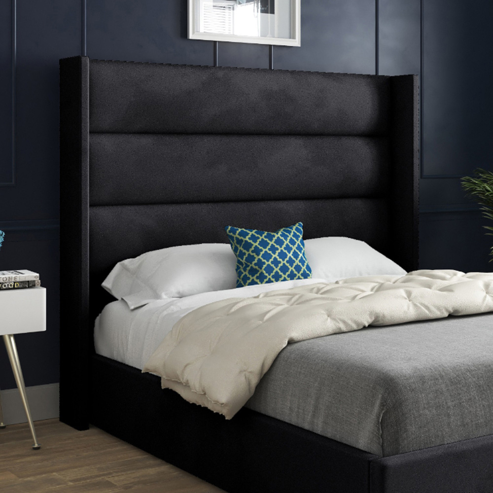 Nuno Black King Size Velvet Upholstered Bed Frame with Straight Winged Headboard Image 3
