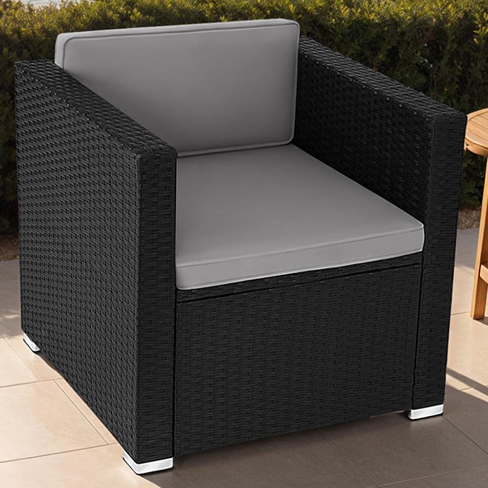 tectake Lignano Black Rattan Garden Armchair with Seat and Back Cushions Image 1