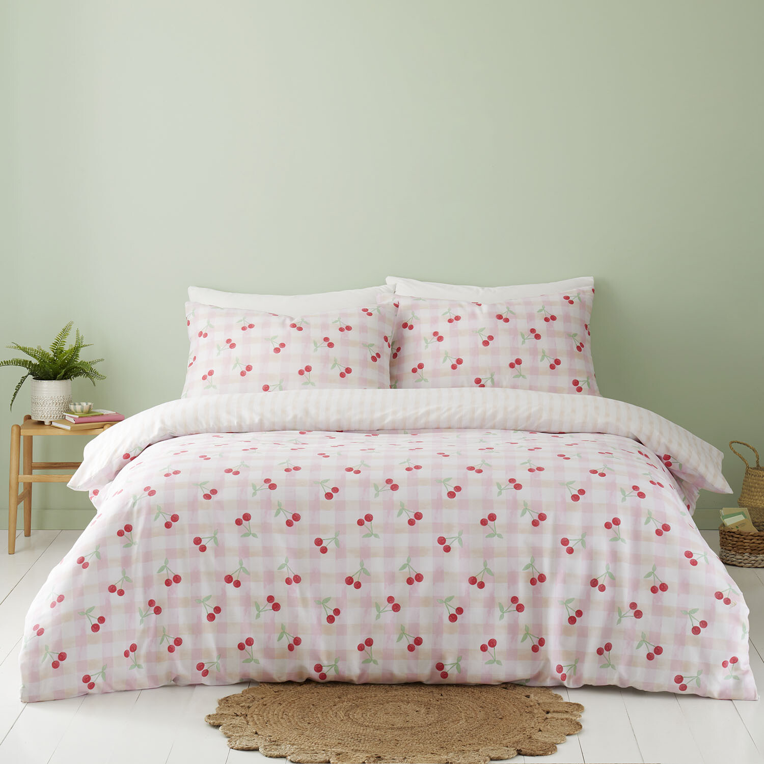 Cherries Gingham Duvet Set - Pink / Single Image 1