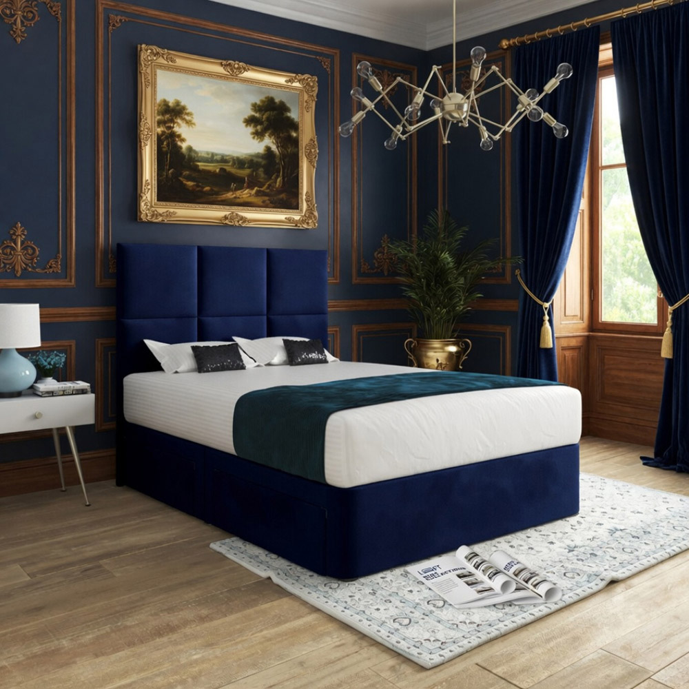 Caprio Blue Single Upholstered Divan Bed Frame with Floorstanding Cube Headboard Image 5