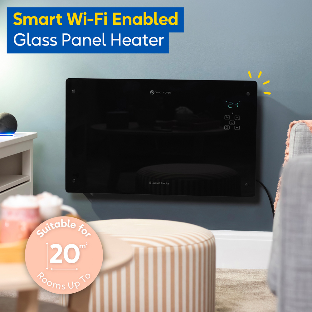Russell Hobbs Black Smart Wi-Fi Glass Panel Heater with Attachable Feet and Remote 2000W Image 3
