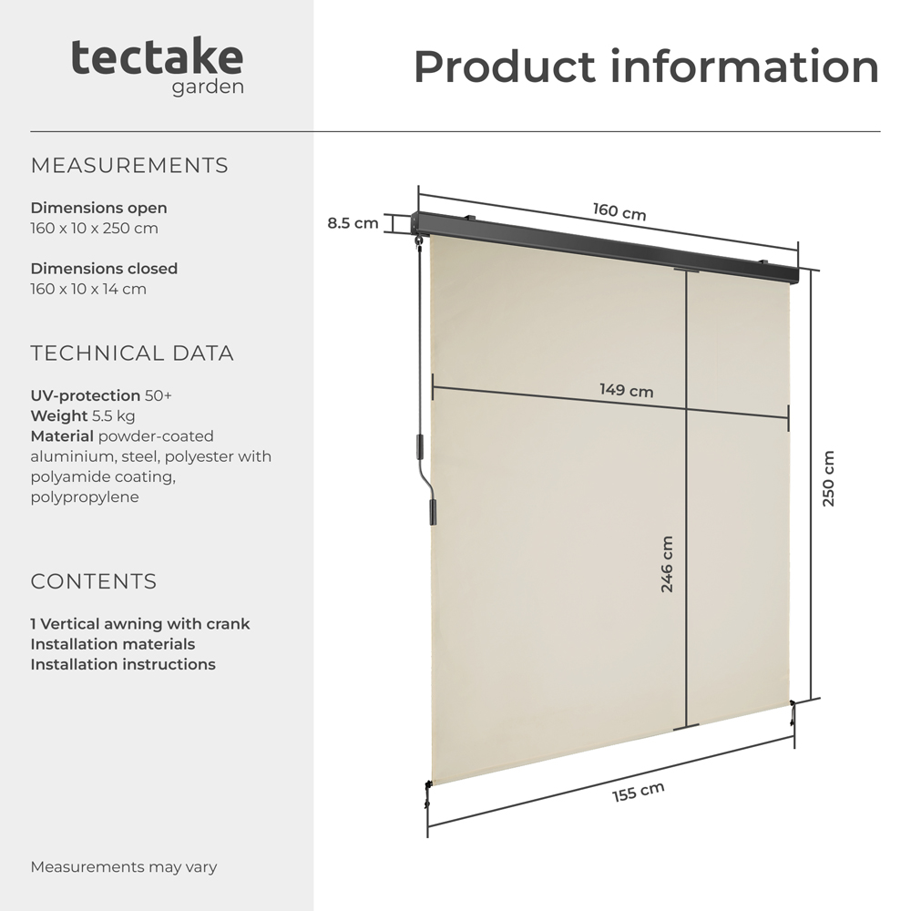 tectake Eloise Beige Vertical Awning with 2 Wall Brackets 1.6 x 2.5m Image 8