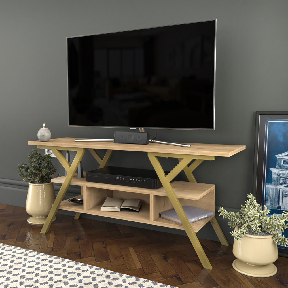 Decorotika Minerva Decorative 4 Open Shelf Gold and Oak TV Unit Image 5