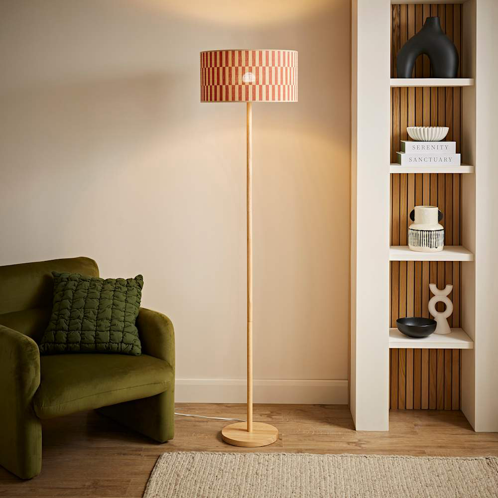 ValueLights Heather Orange Checkerboard Bamboo Shade Light Wood LED Floor Lamp with Bulb Image 3