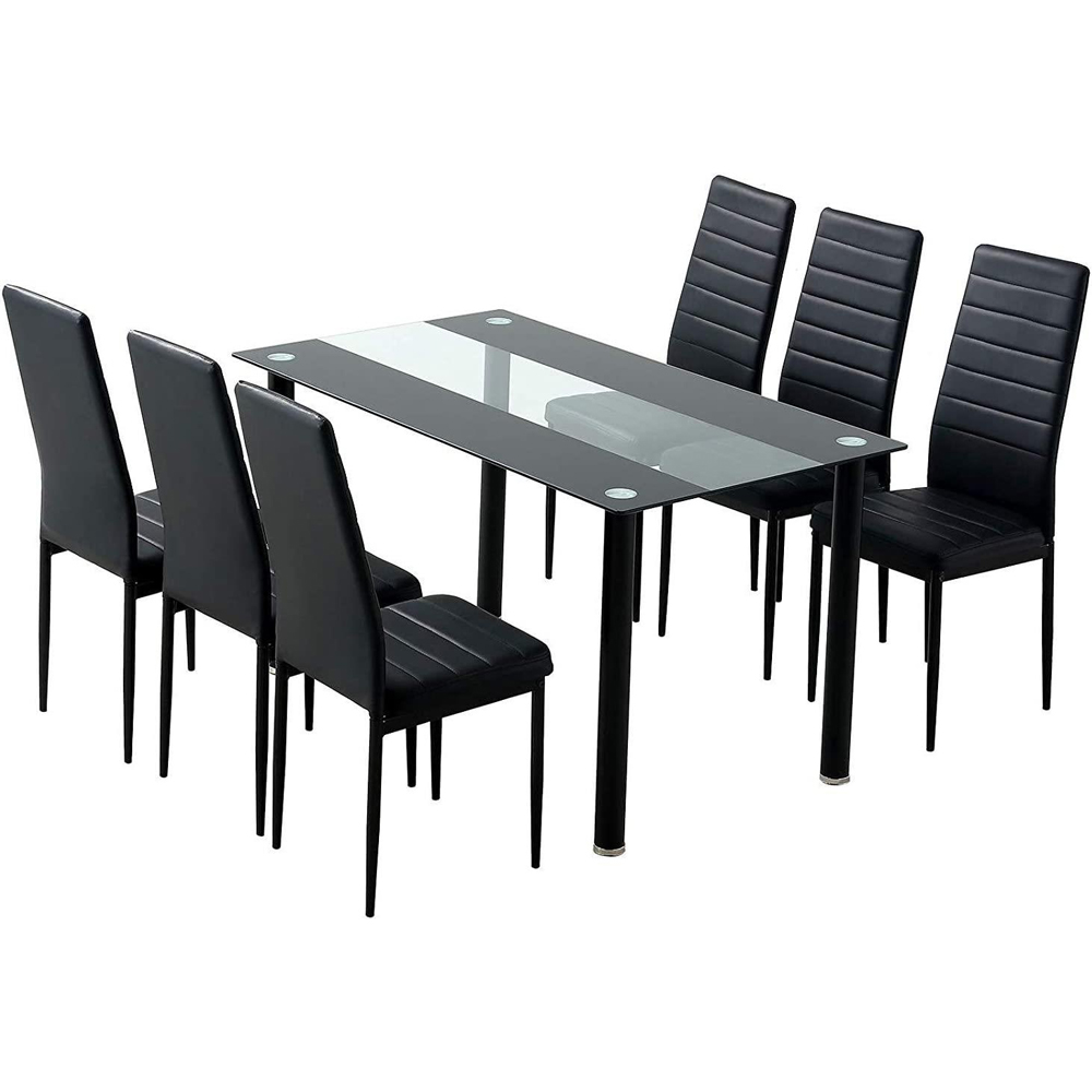 Portland Glass 6 Seater Leather Dining Set Black Image 2