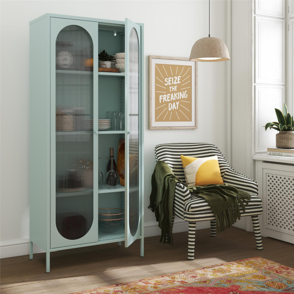 Dorel Luna 2 Door Tall Sky Blue Fluted Glass Accent Cabinet Image 7