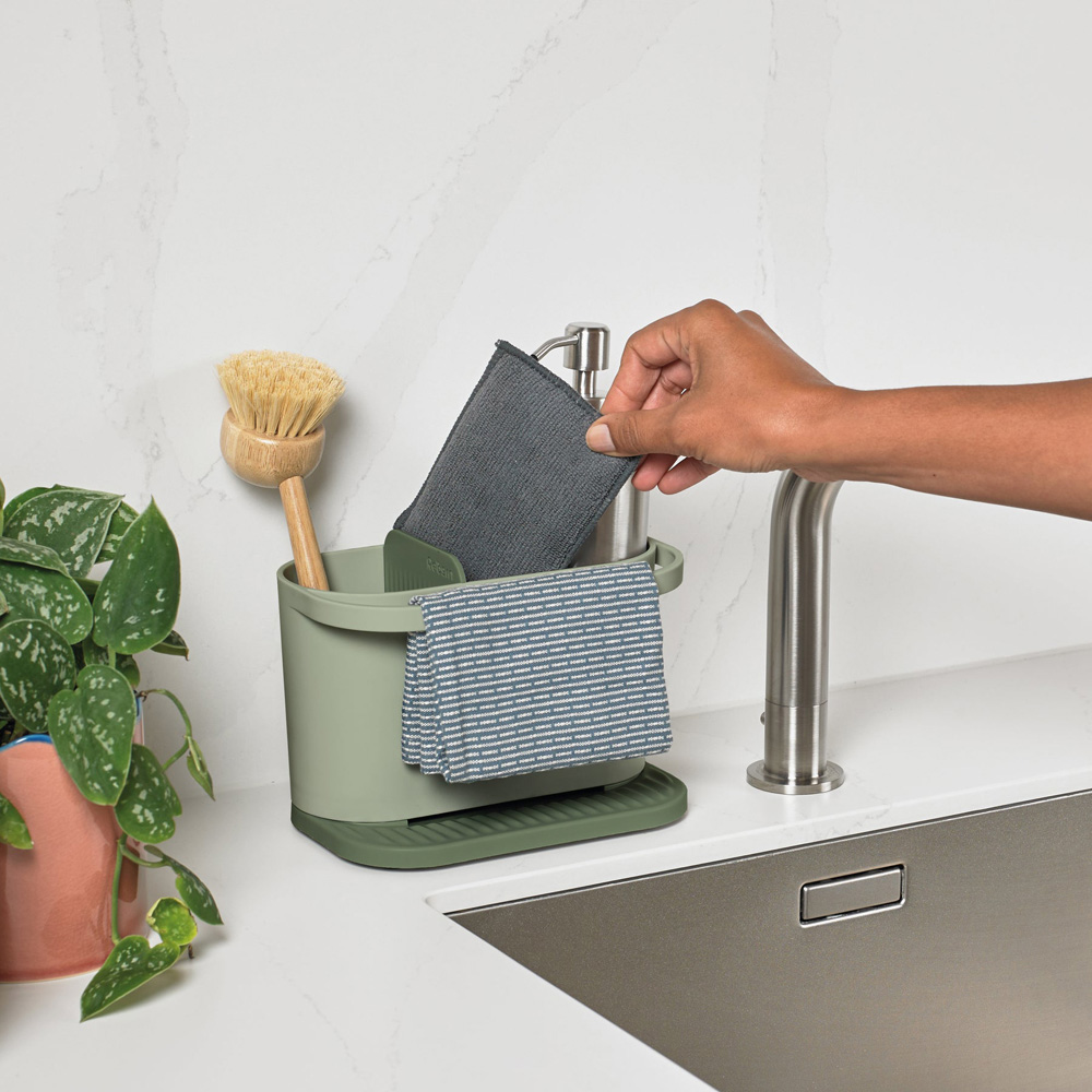 ReBorn Sage Green Compact Plastic Sink Tidy with Drainage Tray Image 6