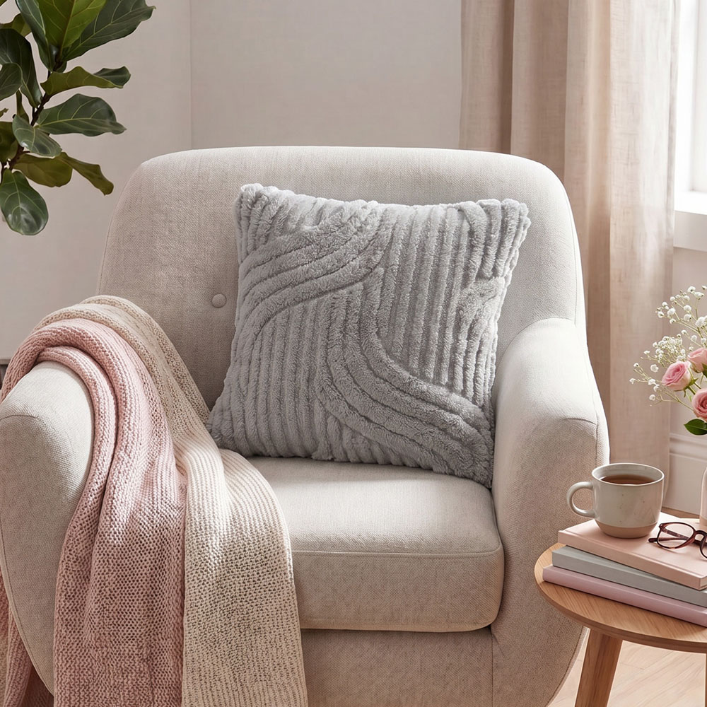 Living and Home Light Grey Minimalist Wavy Geometric Plush Throw Pillow Cover 45 x 45cm Image 6