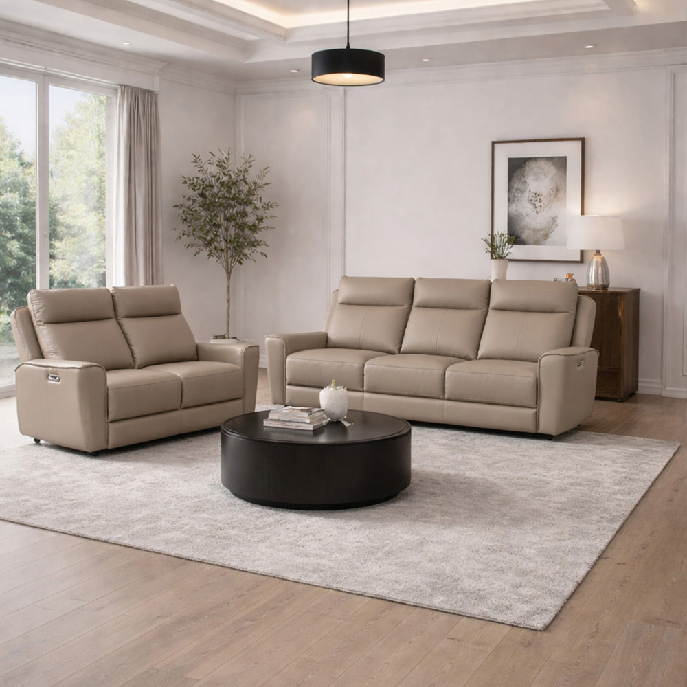 Aspire Elmhurst Mushroom Leather 5 Seater Power Recliner Sofa Set Image 9
