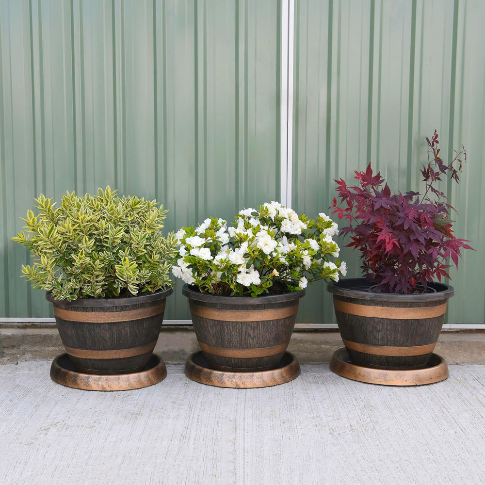 Garden Gear Wooden Barrel Effect Plant Pot and Saucer 40cm 10 Pack Image 4