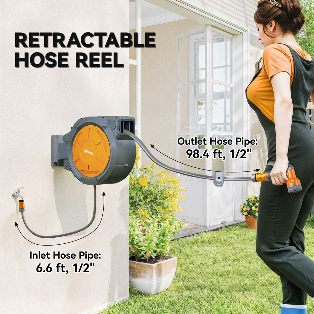 Outsunny Orange Wall Mounted Retractable Hose Reel with Lock Image 8