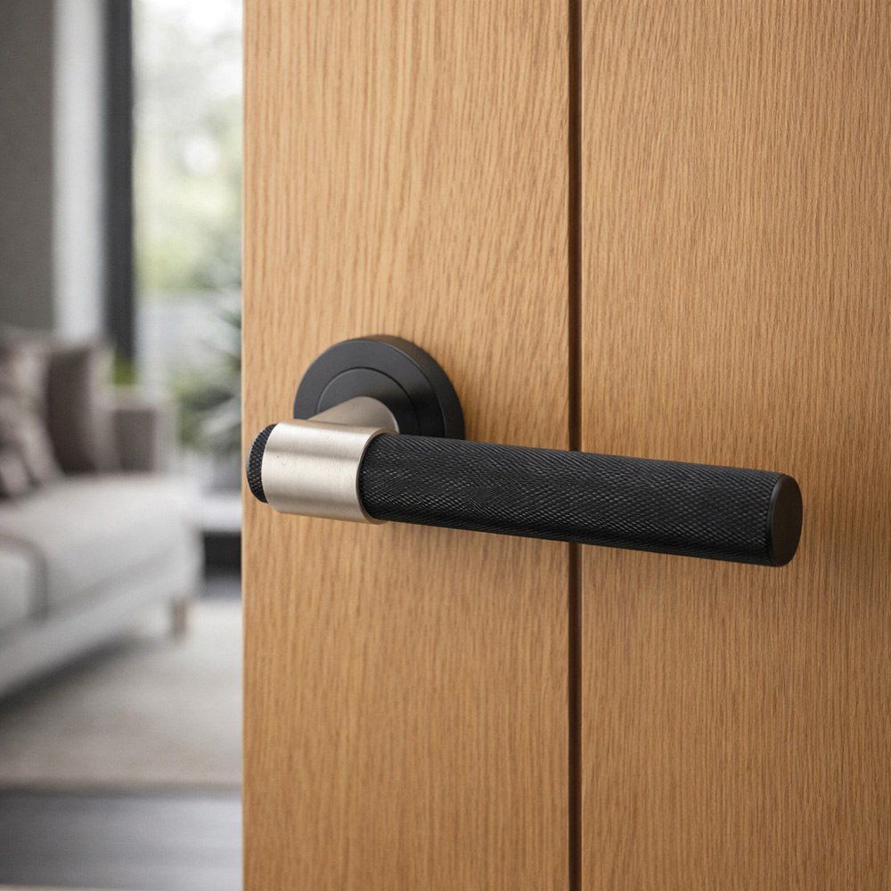 AXS Hardware Dakota Black Knurled Bathroom Door Handles on Rose 4 Pack Image 2