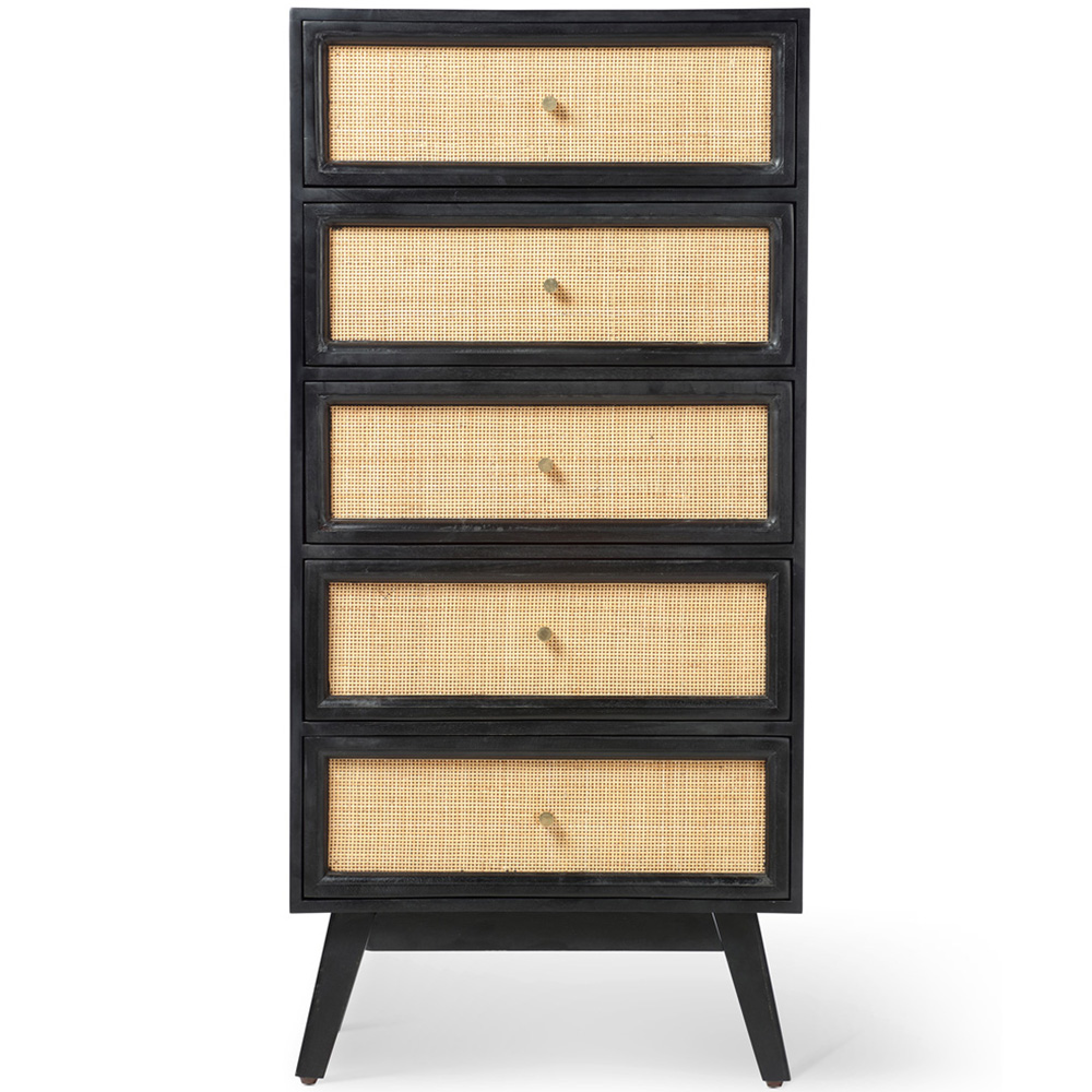 Desser Venice 5 Drawer Tall Black Rattan and Mango Wood Chest of Drawers Image 2