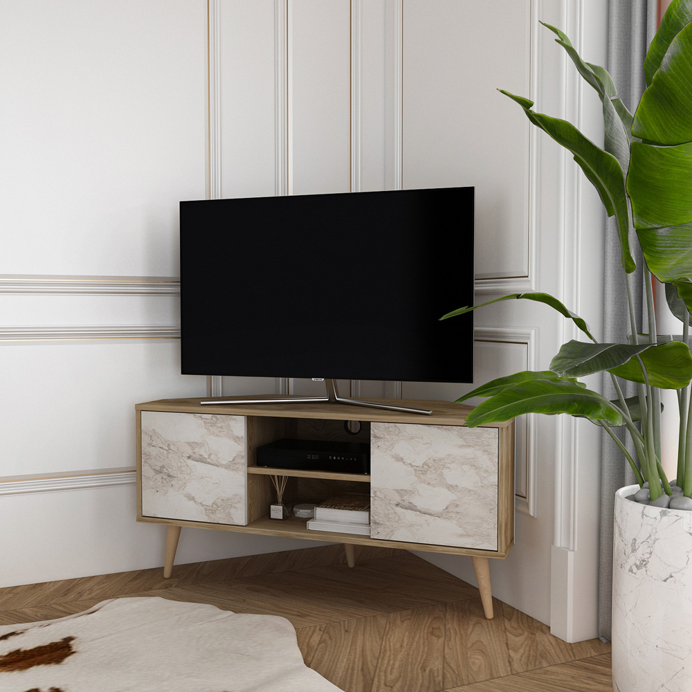 Decorotika Lesson 2 Door 2 Shelf Oud and White Marble Effect Corner TV Stand Image 4