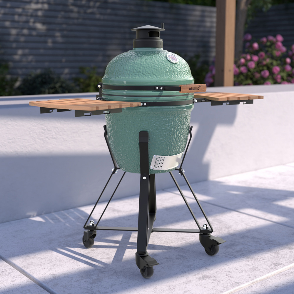 Ottimo Searsmith Green Ceramic Kamado BBQ with Bamboo Side Shelves 18 inch Image 2