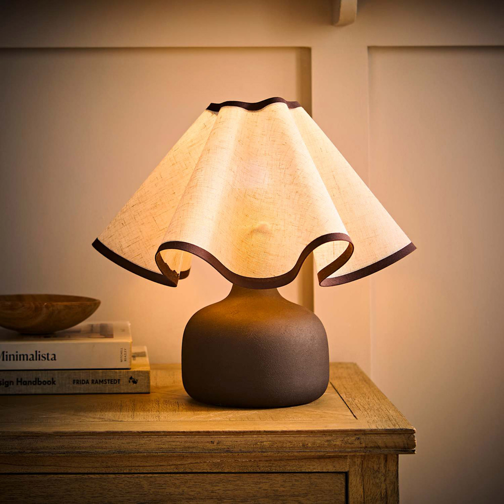 ValueLights Emilia Chocolate Brown Linen Wave Shade Ceramic Table Lamp with Bulb Image 2