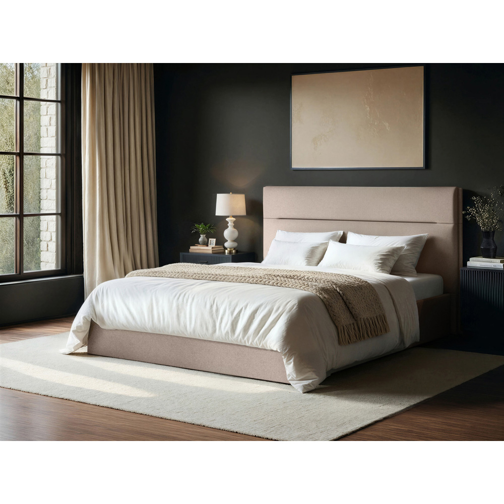 SOLACE+CO Nela Double Beige Woven Fabric Ottoman Bed with Padded Headboard Image 6