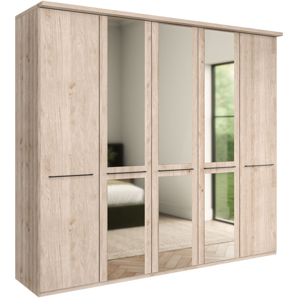 Homebase Dunmere Holm Oak and Slate 5 Door Hinged Wardrobe with 3 Centre Mirror Image 2