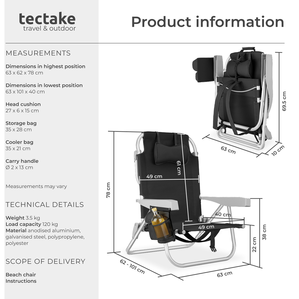 tectake Coral Black Foldable Beach Chair with Backpack Image 9
