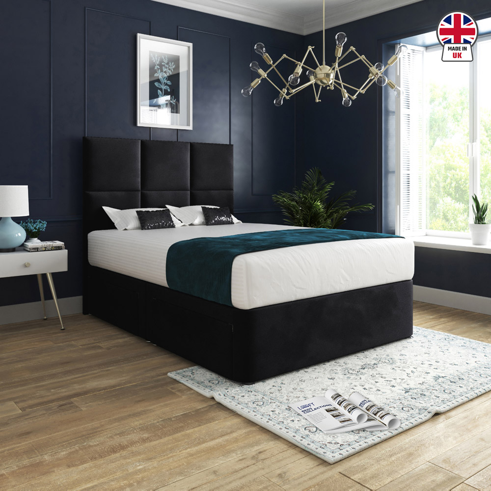Caprio Black Single Upholstered Divan Bed Frame with Floorstanding Cube Headboard Image 6