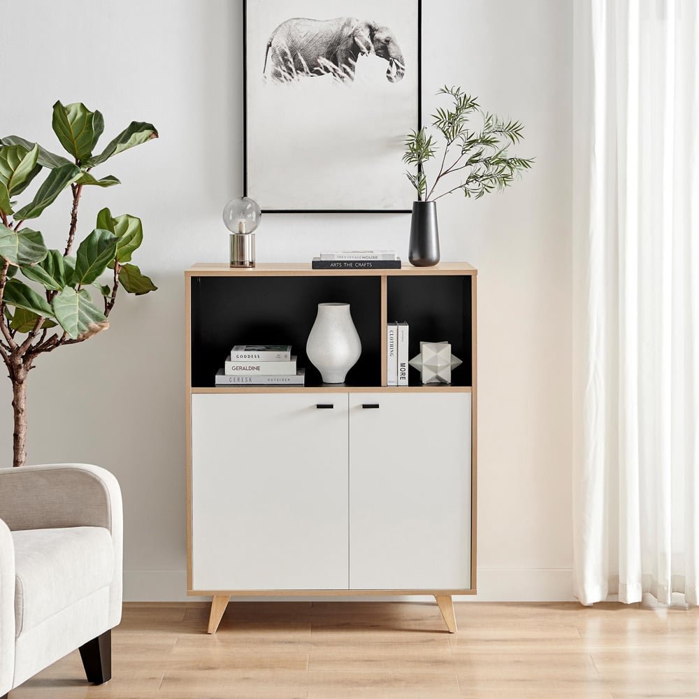 Furniturebox Billet 2 Door 2 Shelf Off White and Wood Effect Small Sideboard Image 6