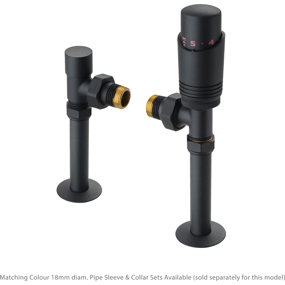 Terma Cylindrical Matt Textured Black Angled Thermostatic Radiator Valve and Lockshield Set Image 2