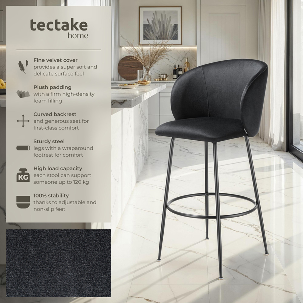 tectake Luana Black Velvet Look Padded Bar Stool Set of 4 Image 3