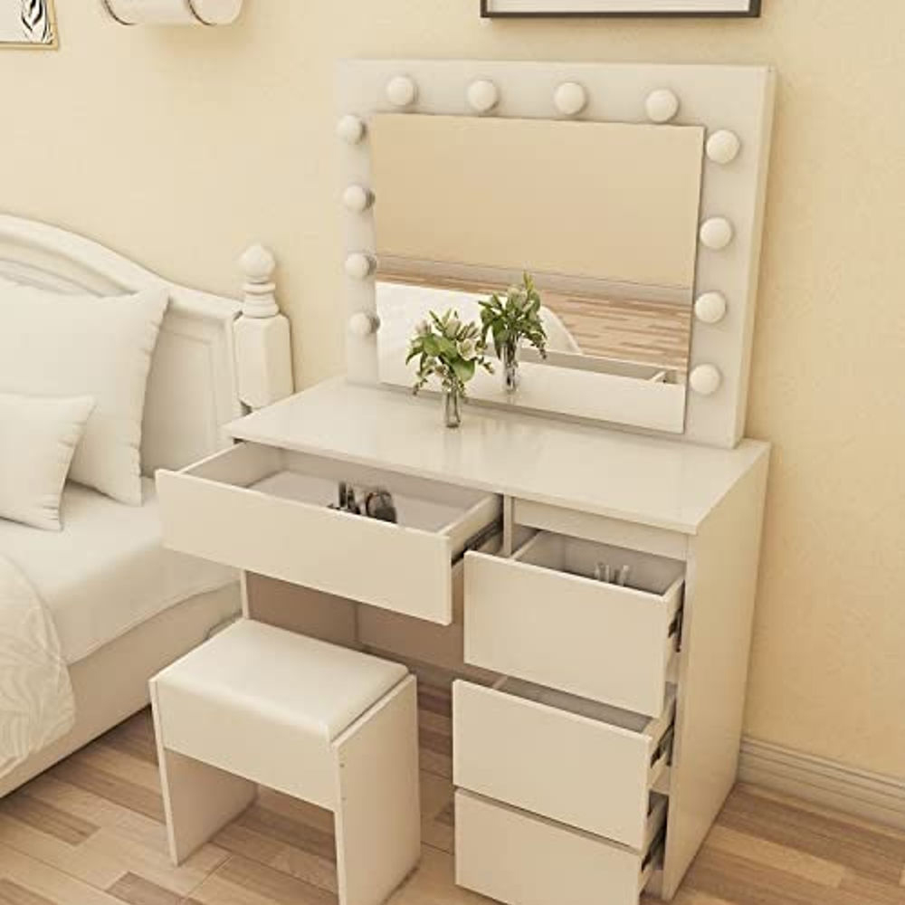 Portland 4 Drawer White Dressing Table Set with LED Mirror Image 2