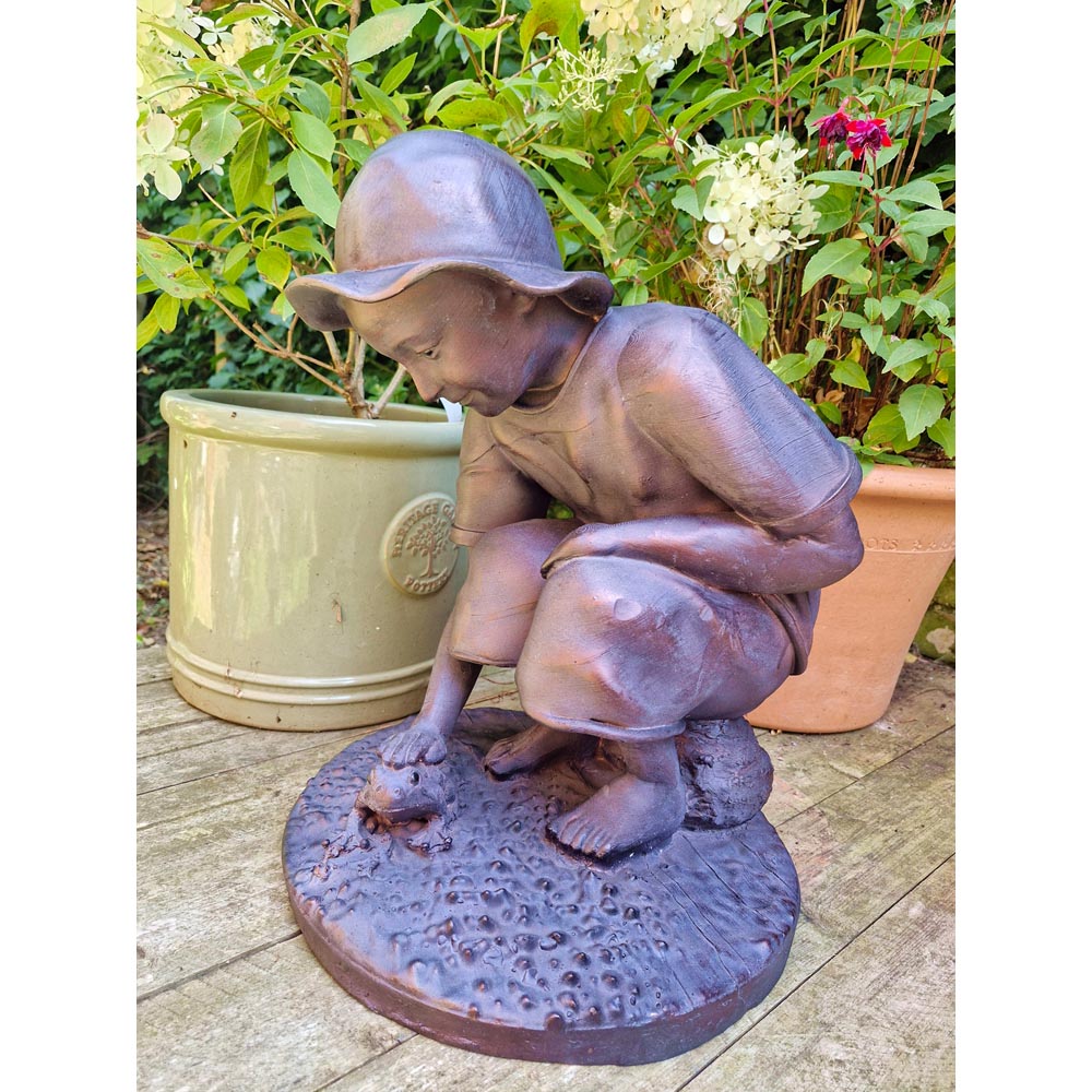 Inspirational Gifting Boy Playing with Frog Polystone Resin Garden Ornament Image 3