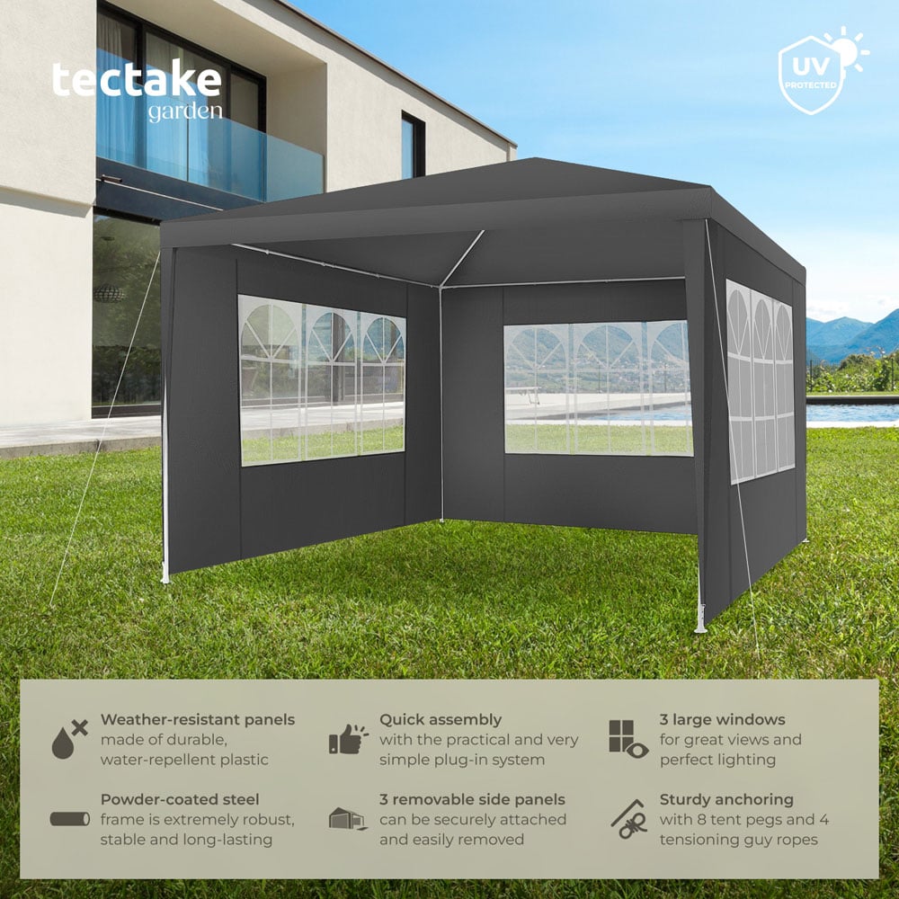tectake Barinas 3 x 3m Grey Water Resistant Gazebo with 3 Side Panels Image 6