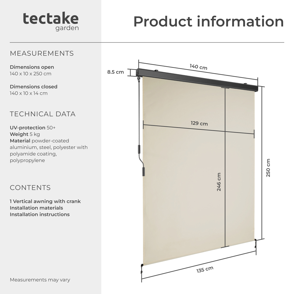 tectake Eloise Beige Vertical Awning with 2 Wall Brackets 1.4 x 2.5m Image 8