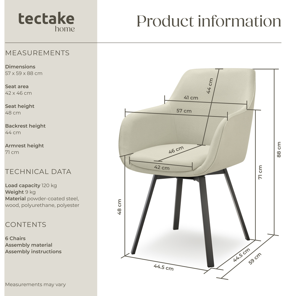 tectake Alicon Set of 6 Greige Woven Fabric Swivel Dining Chair Image 9