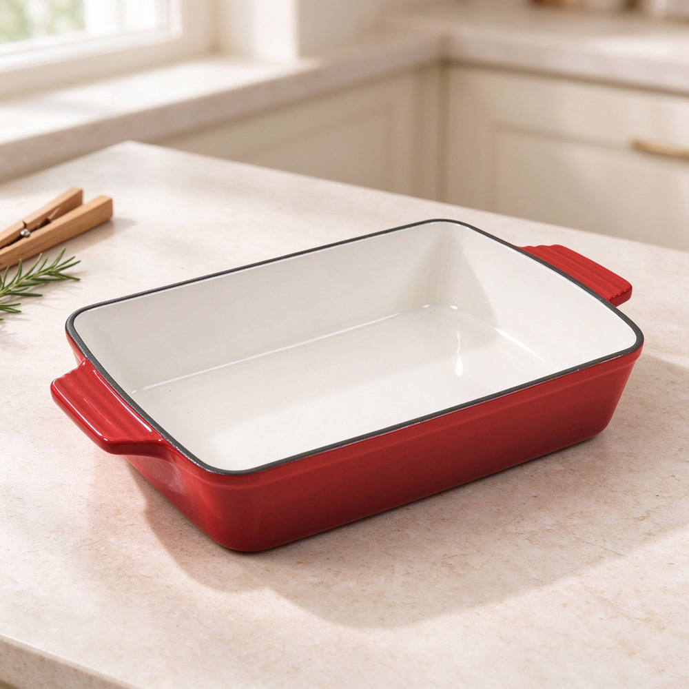 Living and Home 3.7L Red Enamelled Cast Iron Rectangular Baking Dish Image 7