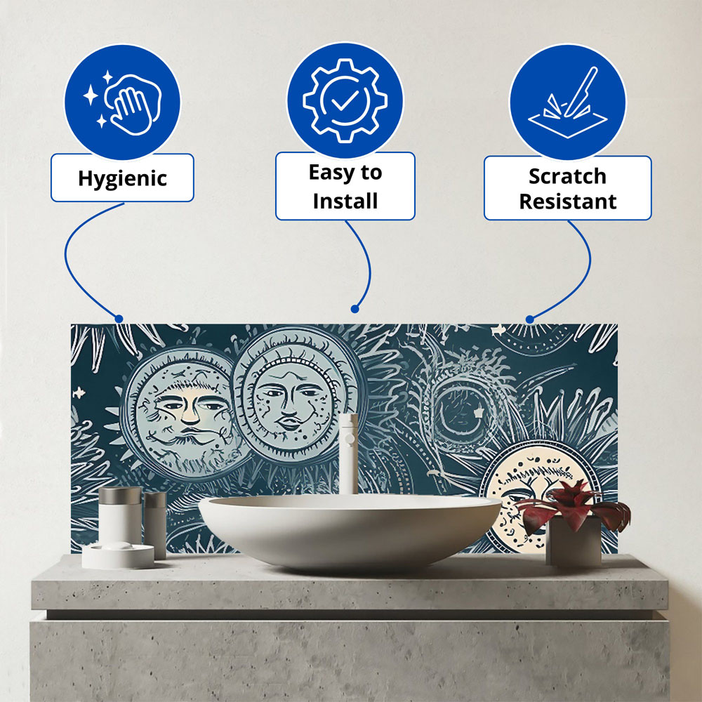 Warren Reed Designer Silver Blue Moon and Stars Glass Bathroom Splashback 25 x 60cm Image 3