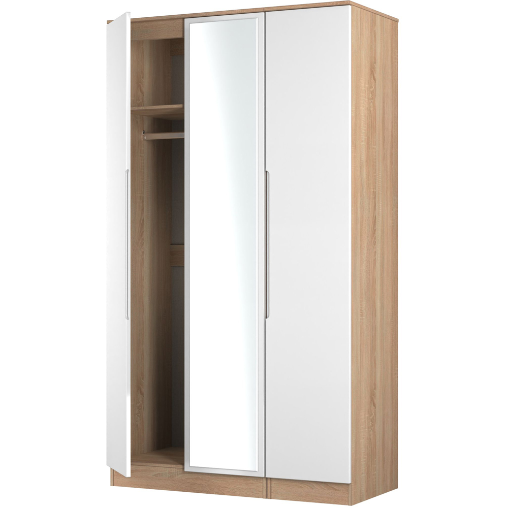 Crowndale Milan 3 Door White Gloss and Bardolino Oak Tall Mirrored Wardrobe Ready Assembled Image 6