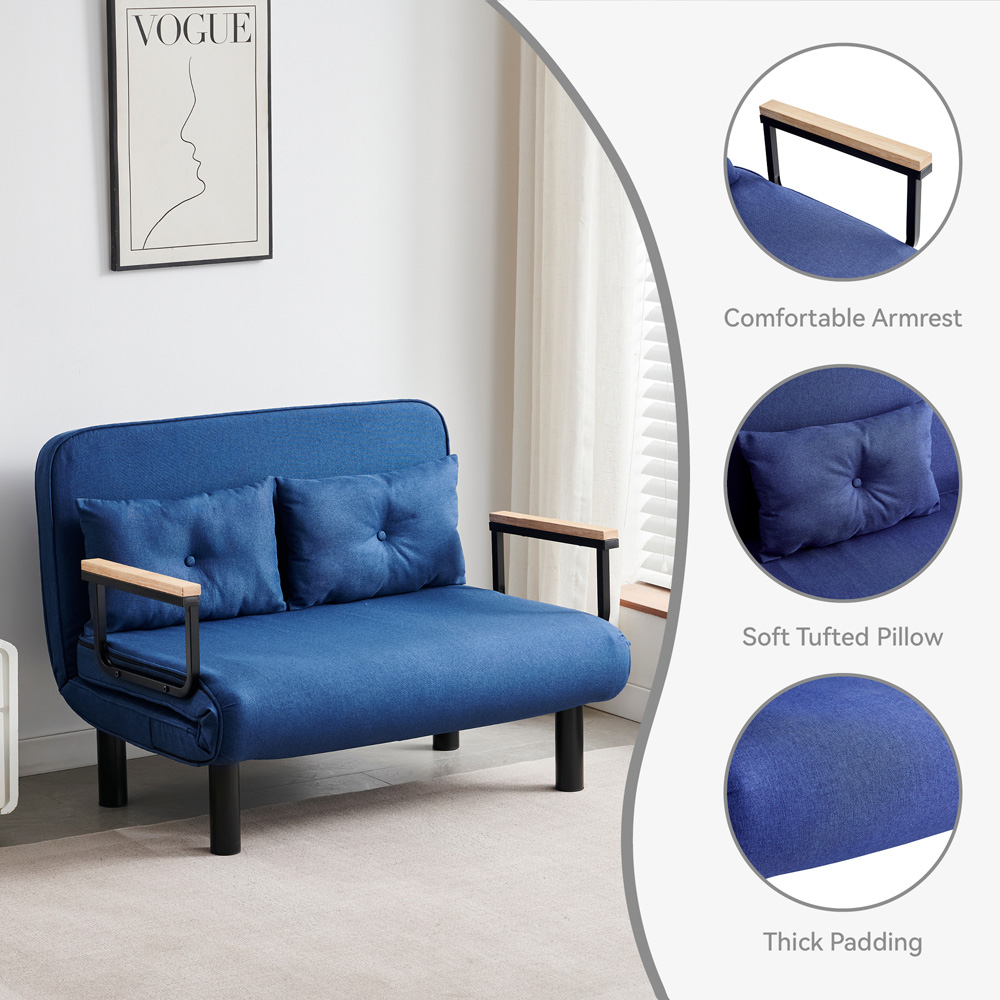 2 Seater Blue 4-in-1 Foldable Sofa Bed with Adjustable Backrest and ...