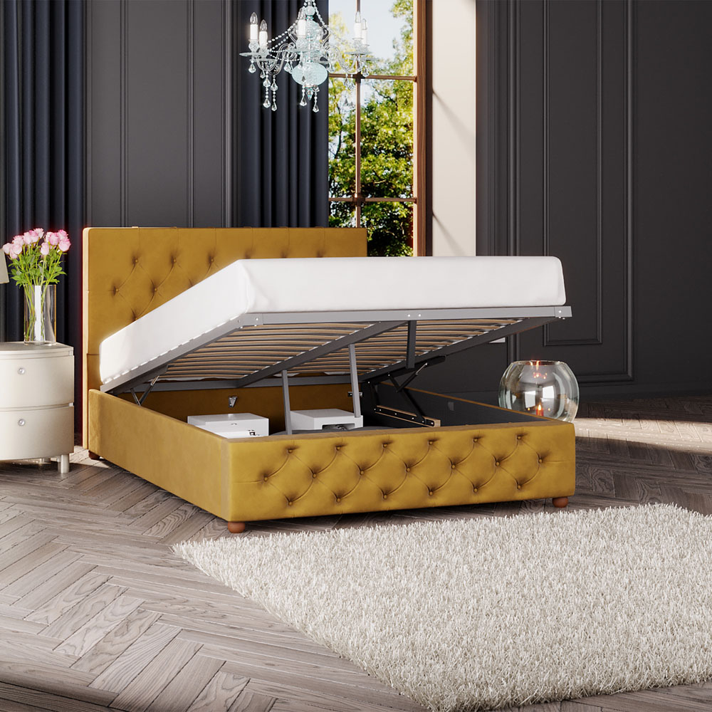 Laurence Llewelyn-Bowen Luna King Size Ochre Plush Velvet Ottoman Bed Image 2