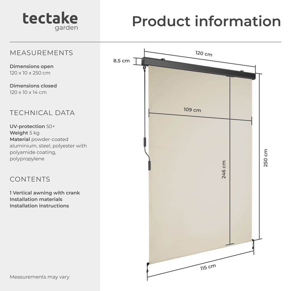 tectake Eloise Beige Vertical Awning with 2 Wall Brackets 1.2 x 2.5m Image 8