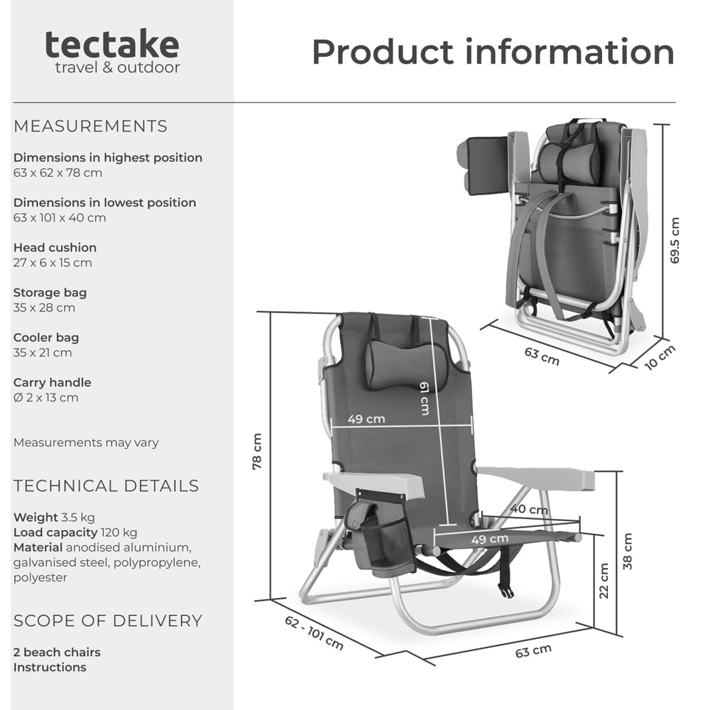 tectake Coral Set of 2 Grey Foldable Beach Chair with Backpack Image 9