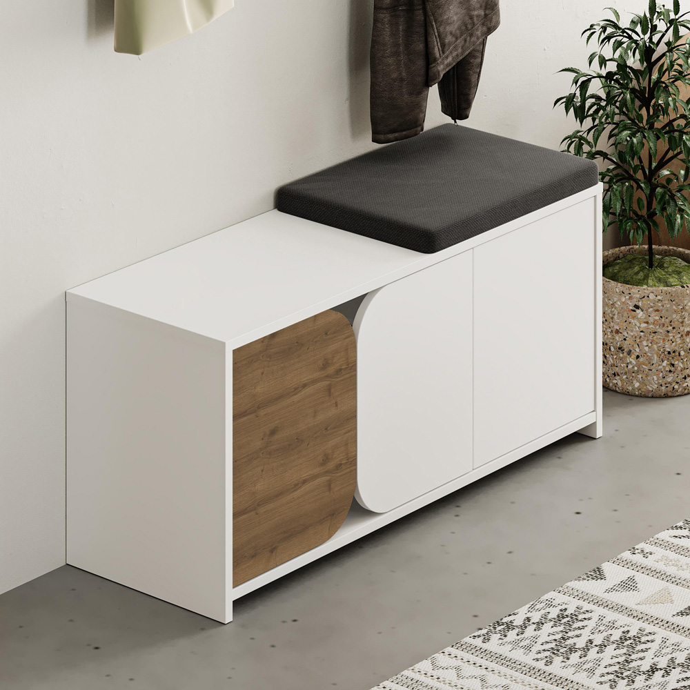 Decortie Moni 3 Door White and Dark Oak Shoe Cabinet with 5 Hook Hanger and Fabric Seat Image 3