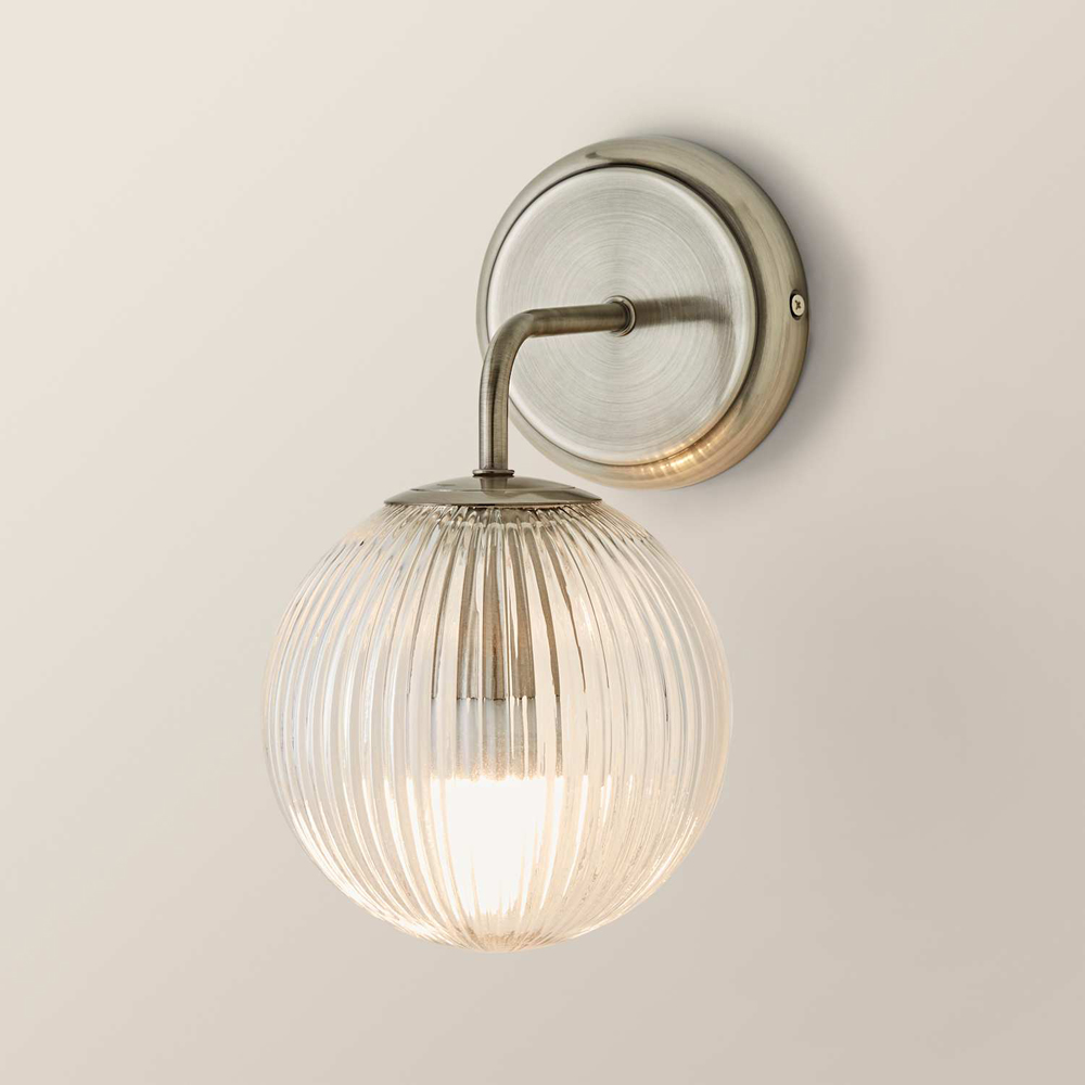 ValueLights Kempton Ribbed Globe Shade Brushed Chrome Wall Light with Bulb Image 5